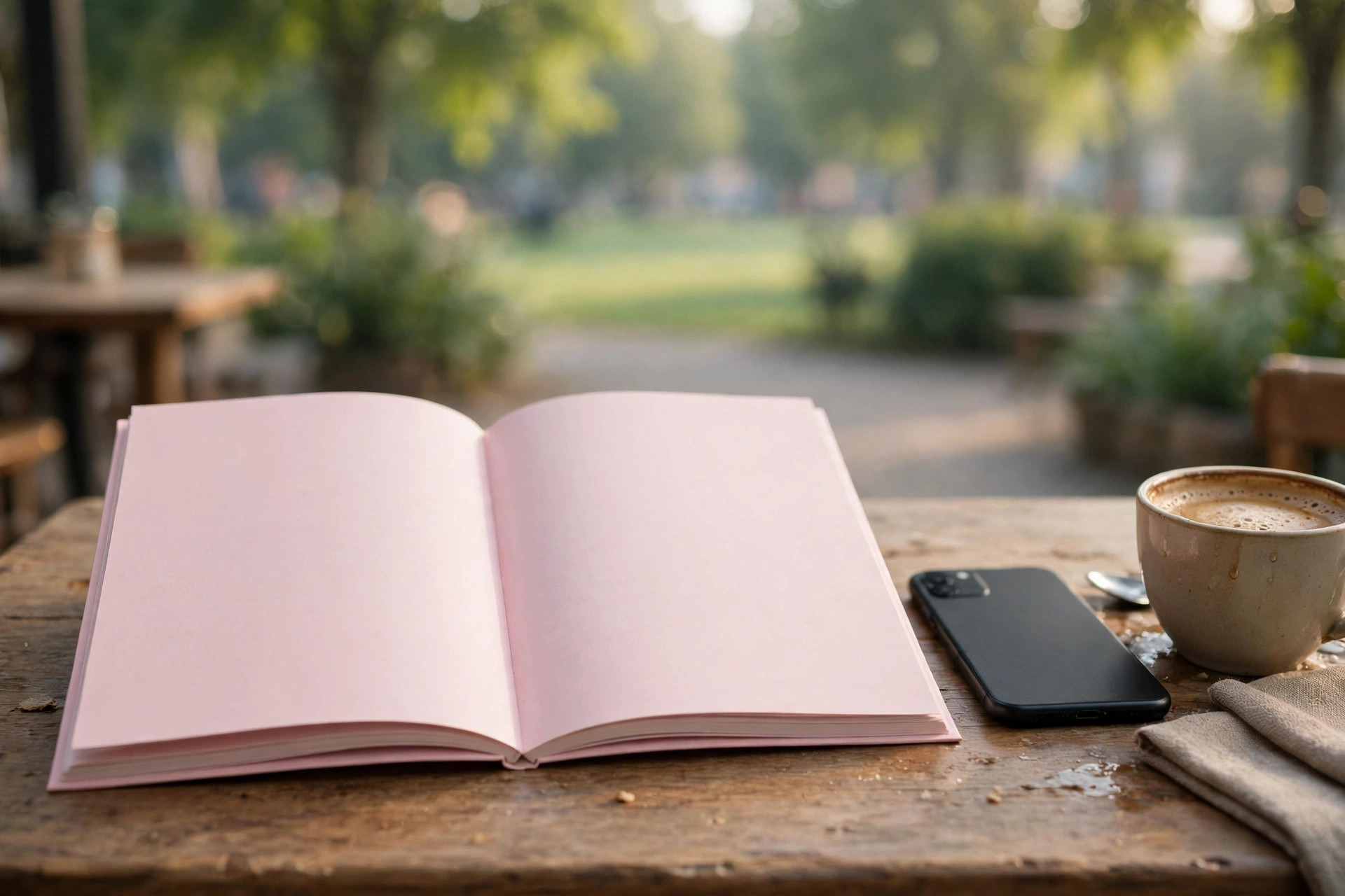 Illustration of the printed Calm Tokyo Disney Guide, a booklet with a plain pastel cover lying open on a table beside a phone and a cup, park greenery blurred behind