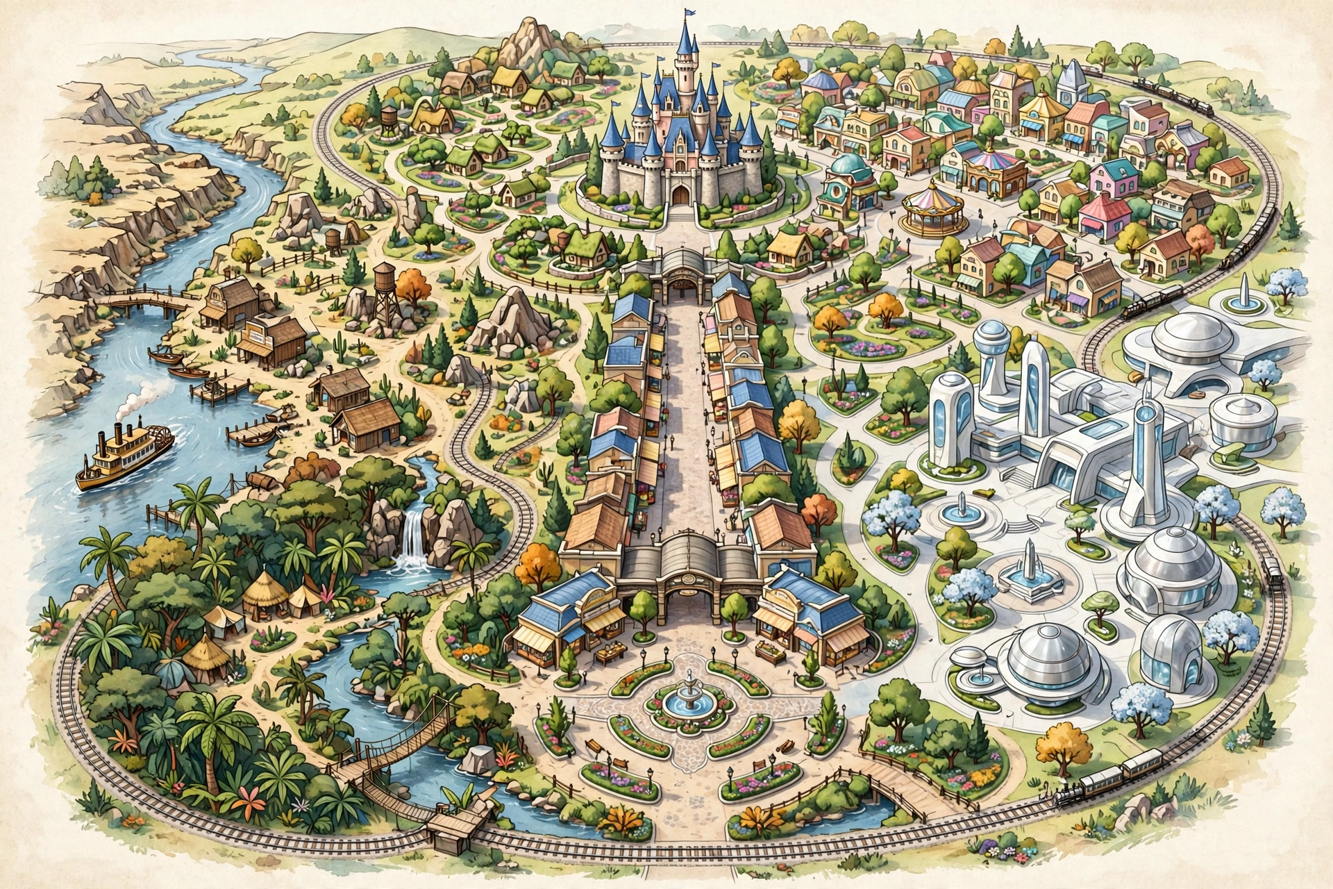 Illustrated map of Tokyo Disneyland with pins for baby care, first aid, smoking areas, Wi-Fi, battery rental and quiet spots