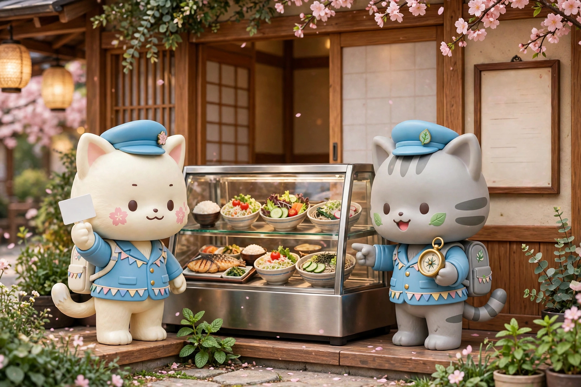 Illustration of the two mascot cat guides standing at a restaurant food display case, one holding up a dietary card