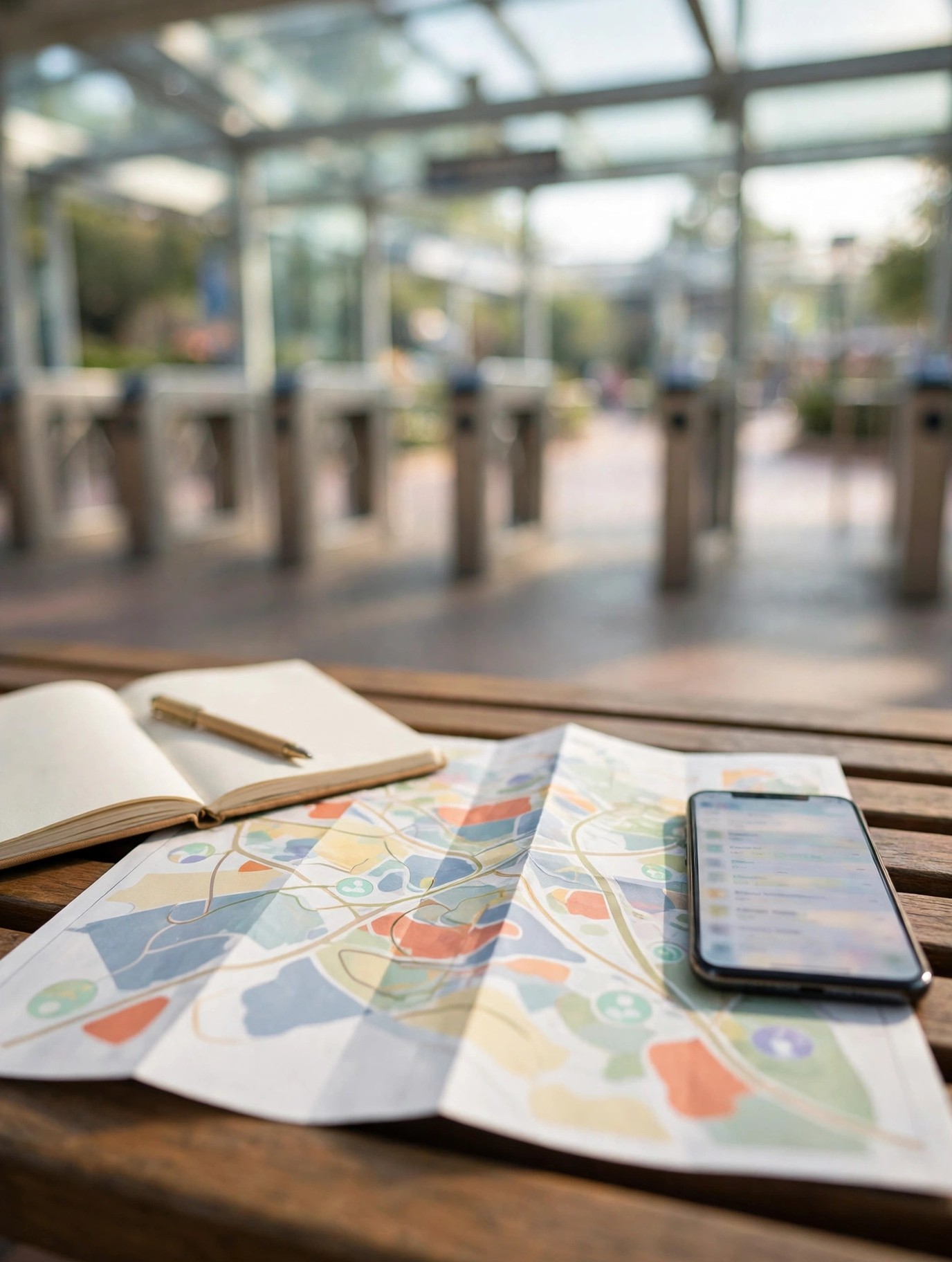Illustration of a paper park map, a phone and an open notebook with a pen spread on a bench just inside a park entrance, the glass canopy and gates softly blurred behind