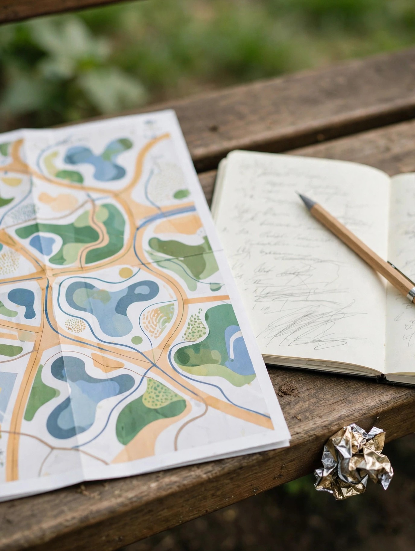 Illustration of a paper park map open on a bench beside a day plan notebook, a pen and a snack wrapper, park greenery behind