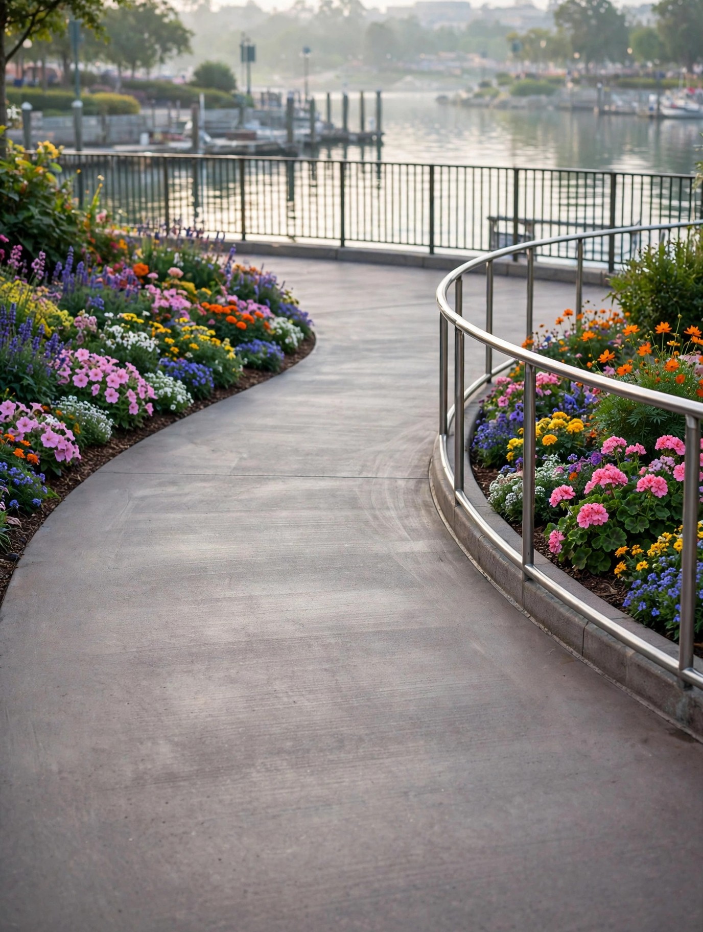 Illustration of a wide step-free park path with a gentle ramp and handrail, flower beds and a harbour railing in calm morning light